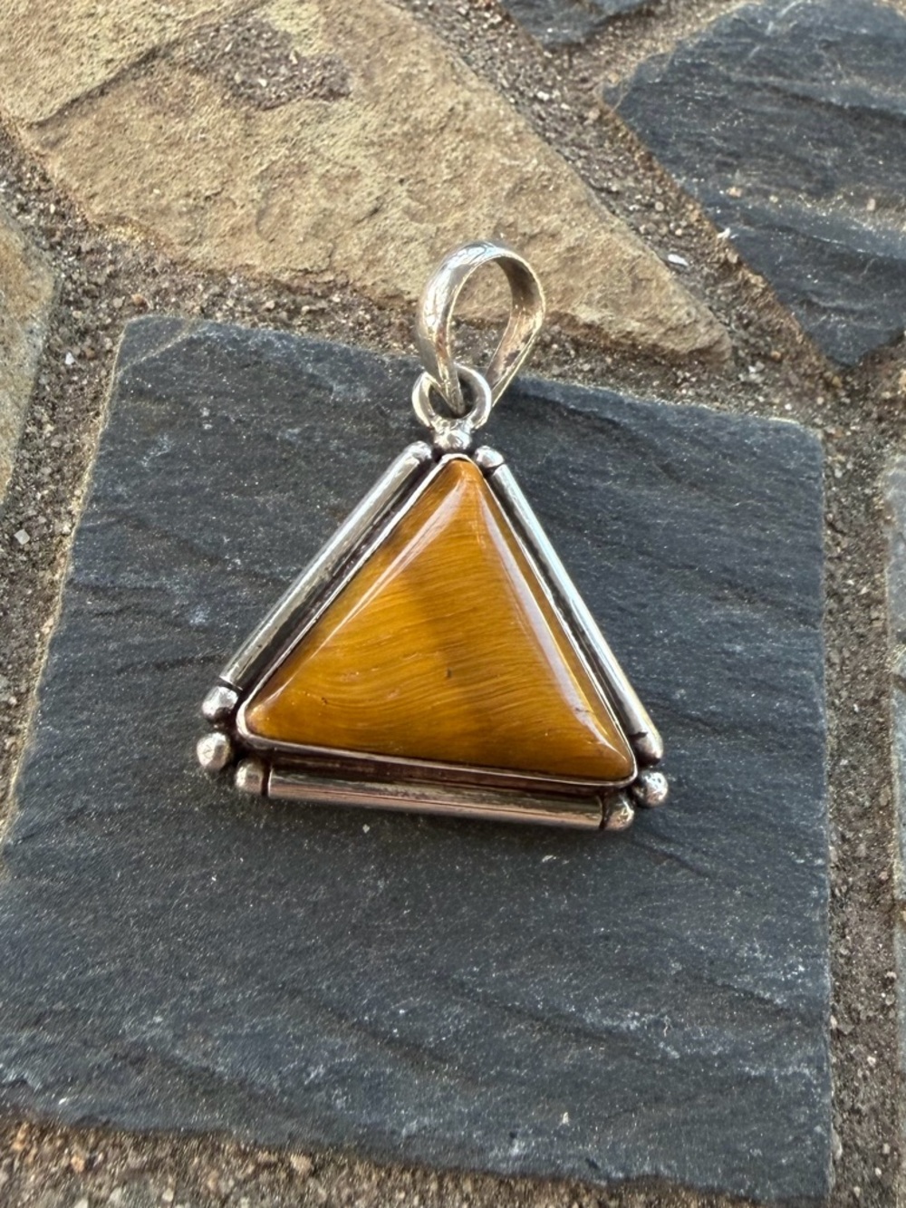 Vintage 925 Sterling Silver Tiger Eye Triangle Pendant